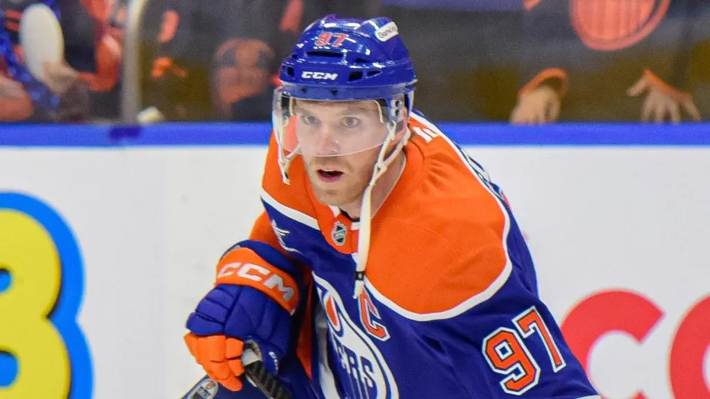Connor McDavid #97 of the Edmonton Oilers warms up before the game against the Calgary Flames at Rogers Place on October 13, 2024 in Edmonton, Alberta, Canada.