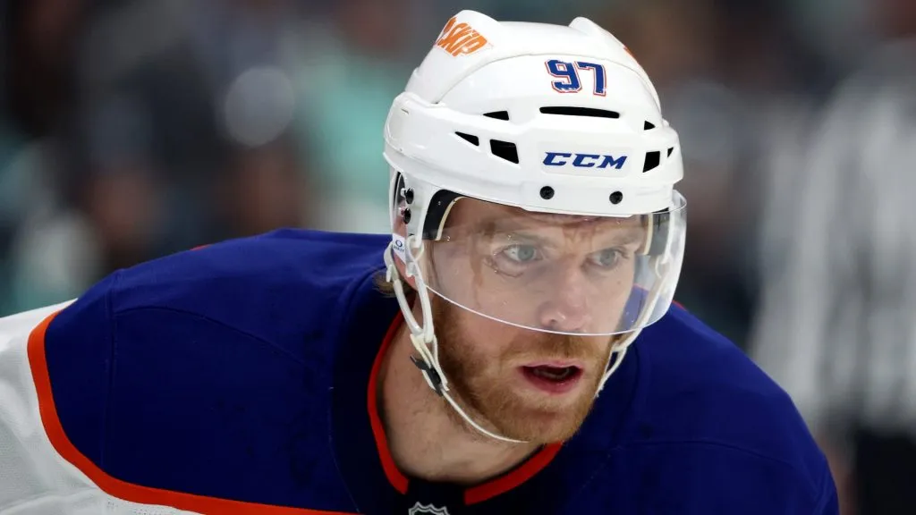 Connor McDavid #97 of the Edmonton Oilers looks on against the Seattle Kraken during the first period at Climate Pledge Arena on October 02, 2024 in Seattle, Washington.