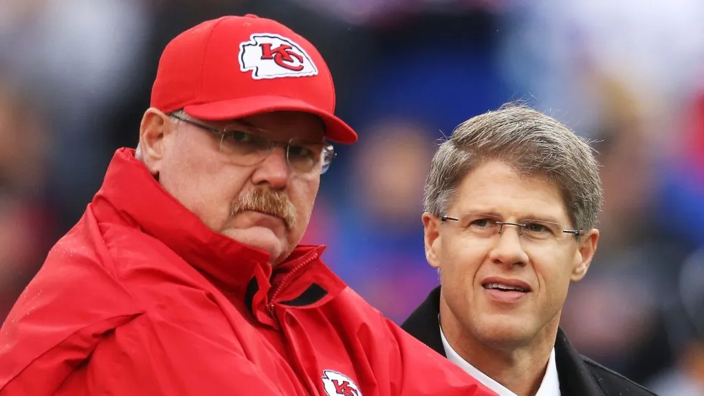 Head Coach Andy Reid of the Kansas City Chiefs and Kansas City Chiefs owner Clark Hunt during the first half at Ralph Wilson Stadium on November 9, 2014 in Orchard Park, New York.