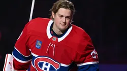 Sam Montembeault #35 of the Montreal Canadiens skates during the pre-game ceremony against the Toronto Maple Leafs at the Bell Centre on October 9, 2024 in Montreal, Quebec, Canada. The Montreal Canadiens defeated the Toronto Maple Leafs 1-0.