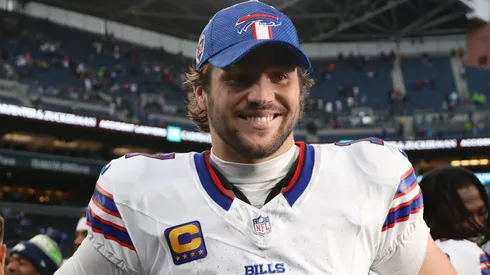 Josh Allen #17 of the Buffalo Bills is interviewed by Erin Andrews after a 31-10 victory against the Seattle Seahawks at Lumen Field on October 27, 2024 in Seattle, Washington.