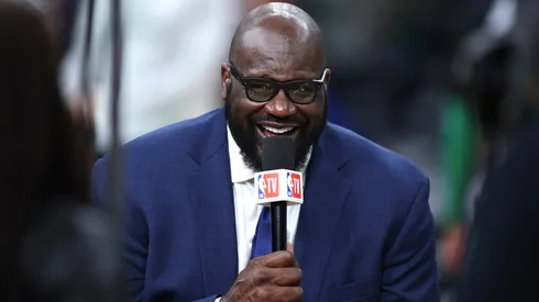 Shaquille O'Neal speaks before Game Two of the 2024 NBA Finals between the Boston Celtics and the Dallas Mavericks at TD Garden on June 09, 2024 in Boston, Massachusetts.