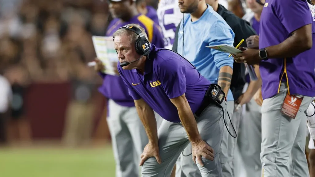 y+Head coach Brian Kelly of the LSU Tigers watches on the sideline in the first half against the Texas A&M Aggies at Kyle Field on October 26, 2024 in College Station, Texas.