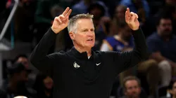 Golden State Warriors head coach Steve Kerr motions to his team during the first half of their preseason game against the Los Angeles Lakers at Chase Center on October 18, 2024 in San Francisco, California.