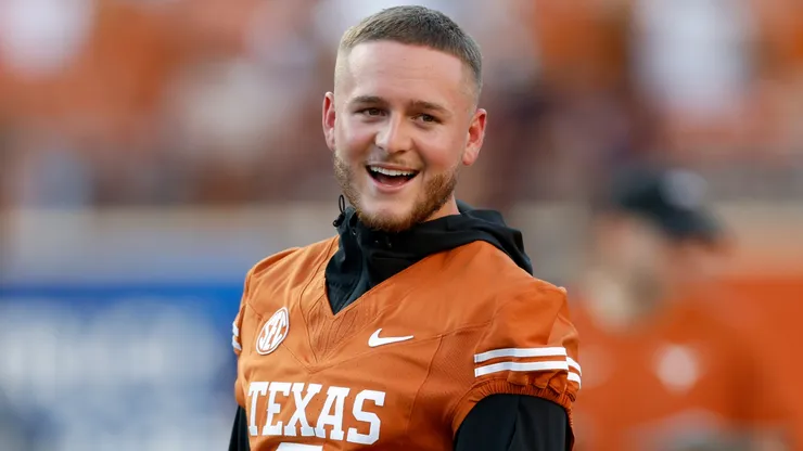 Quinn Ewers #3 of the Texas Longhorns watches players warm up before the game against the Louisiana Monroe Warhawks at Darrell K Royal-Texas Memorial Stadium on September 21, 2024 in Austin, Texas.