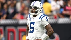 Anthony Richardson #5 of the Indianapolis Colts reacts after being sacked during the fourth quarter against the Houston Texans at NRG Stadium on October 27, 2024 in Houston, Texas.