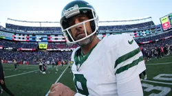 Aaron Rodgers #8 of the New York Jets walks off the field after the game against the New England Patriots at Gillette Stadium on October 27, 2024 in Foxborough, Massachusetts.