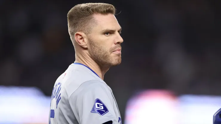 Freddie Freeman #5 of the Los Angeles Dodgers reacts after flying out during the third inning of Game Four of the 2024 World Series against the New York Yankees at Yankee Stadium on October 29, 2024 in the Bronx borough of New York City.