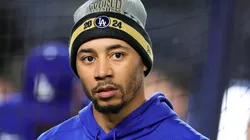 Mookie Betts #50 of the Los Angeles Dodgers takes batting practice ahead of Game Four of the 2024 World Series at Yankee Stadium on October 29, 2024 in New York City.