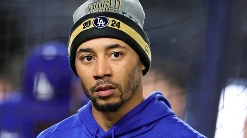 Mookie Betts #50 of the Los Angeles Dodgers takes batting practice ahead of Game Four of the 2024 World Series at Yankee Stadium on October 29, 2024 in New York City.
