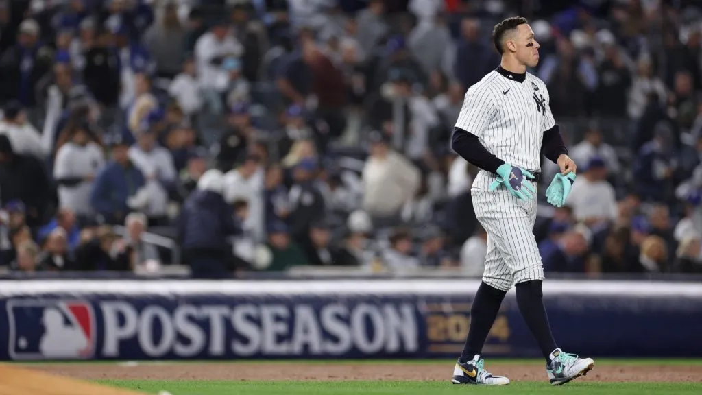 Aaron Judge #99 of the New York Yankees walks off the field after being left stranded on base at the end of the first inning of Game Four of the 2024 World Series against the Los Angeles Dodgers at Yankee Stadium on October 29, 2024 in the Bronx borough of New York City. (Photo by Sarah Stier/Getty Images)