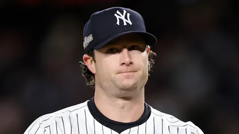 Gerrit Cole #45 of the New York Yankees reacts in the third inning against the Cleveland Guardians during Game Two of the American League Championship Series at Yankee Stadium on October 15, 2024 in New York City.