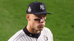 Aaron Judge #99 of the New York Yankees singles waits in the outfield during the 9th inning of Game Four of the 2024 World Series against the Los Angeles Dodgers at Yankee Stadium on October 29, 2024 in the Bronx borough of New York City.
