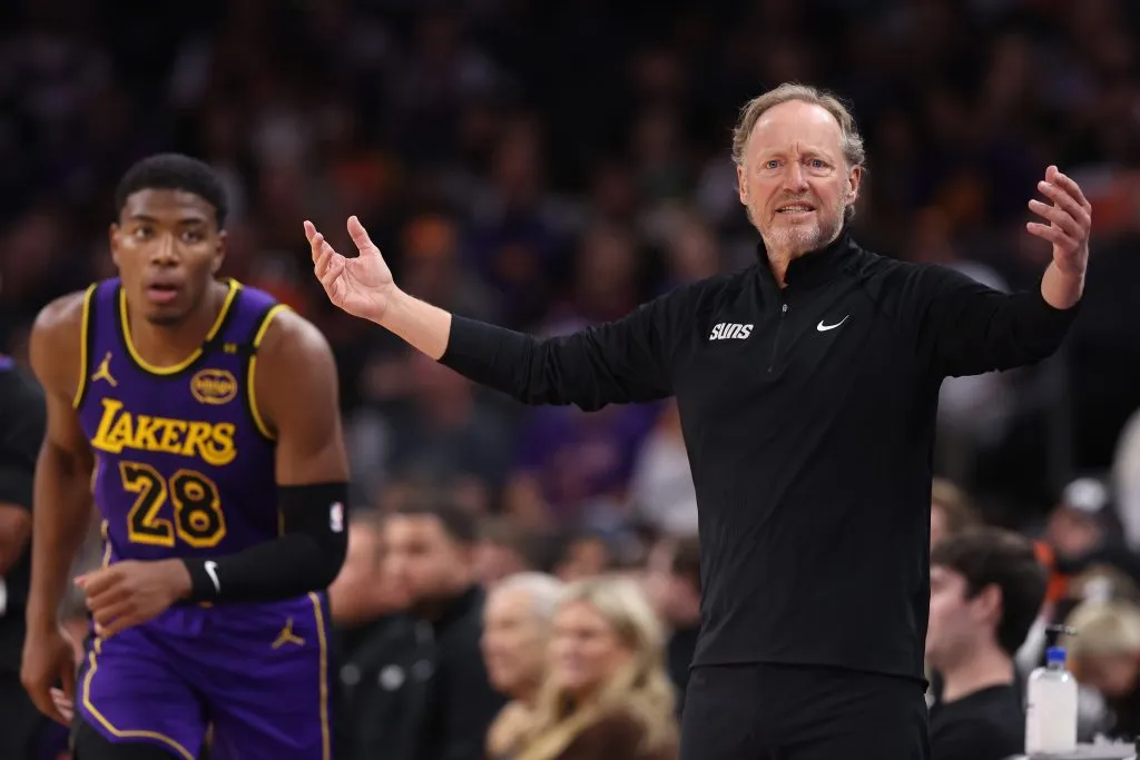 Head coach Mike Budenholzer of the Phoenix Suns reacts as Rui Hachimura #28 of the Los Angeles Lakers runs the court during the second half at Footprint Center. Christian Petersen/Getty Images