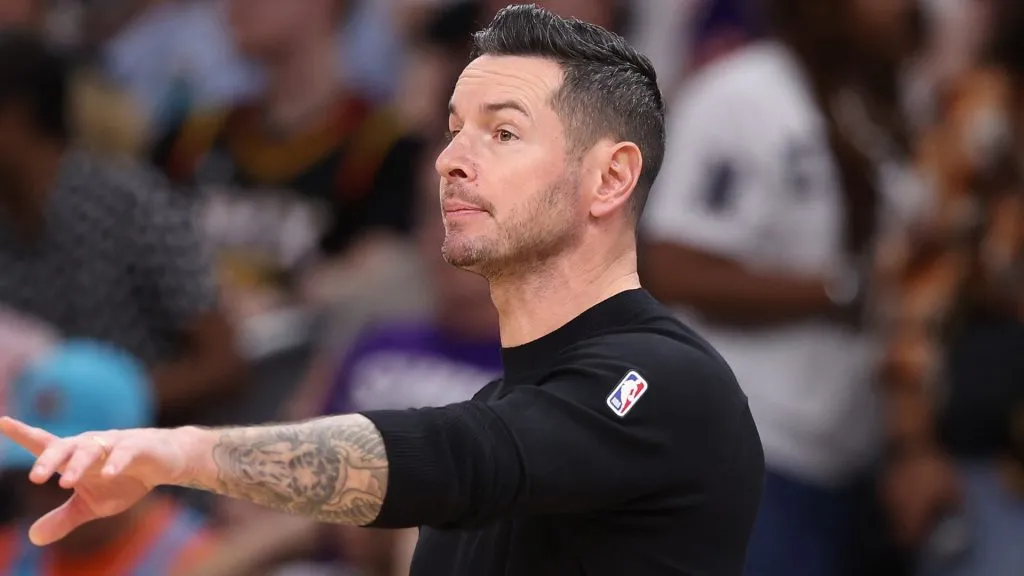 Head coach JJ Redick of the Los Angeles Lakers reacts during the second half of the preseason NBA game against the Phoenix Suns at Footprint Center on October 17, 2024 in Phoenix, Arizona.