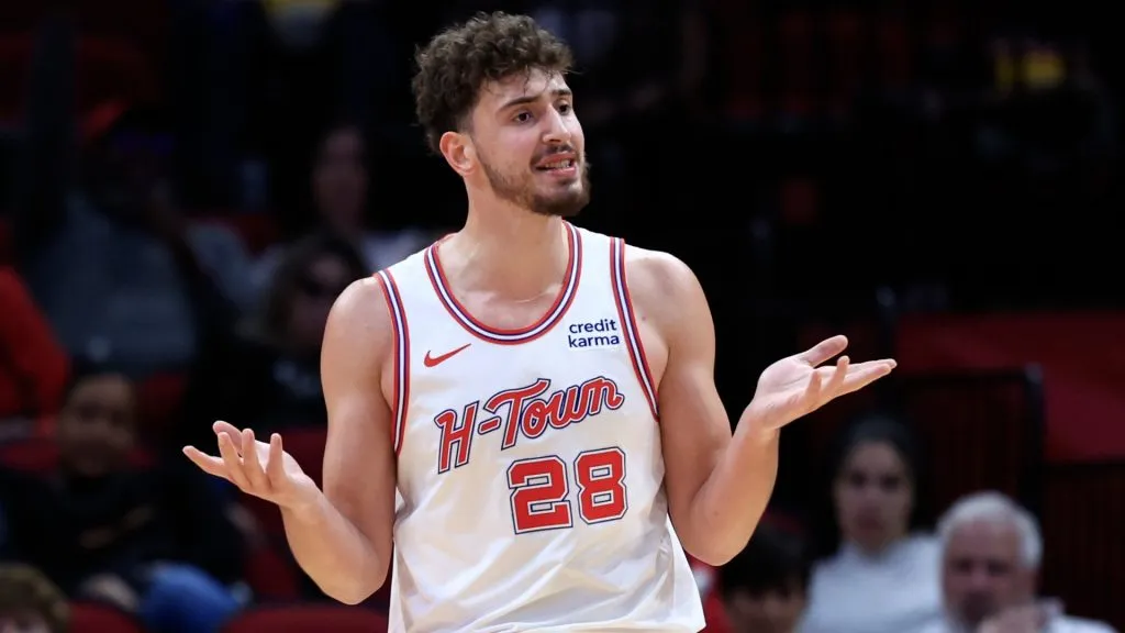 Alperen Sengun #28 of the Houston Rockets reacts against the Toronto Raptors during the first half at Toyota Center on February 02, 2024 in Houston, Texas. 