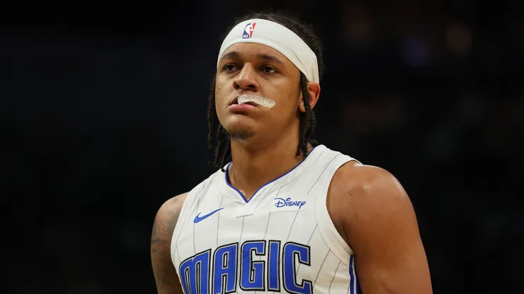 Paolo Banchero #5 of the Orlando Magic walks backcourt
