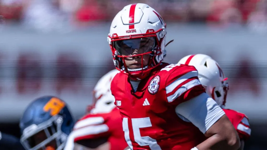 Nebraska Cornhuskers quarterback Dylan Raiola (15) in action during a NCAA Division 1 football game between UTEP Miners and the Nebraska Cornhuskers at Memorial Stadium in Lincoln, NE.