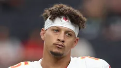 Patrick Mahomes #15 of the Kansas City Chiefs looks on prior to a game against the Las Vegas Raiders at Allegiant Stadium on October 27, 2024 in Las Vegas, Nevada.
