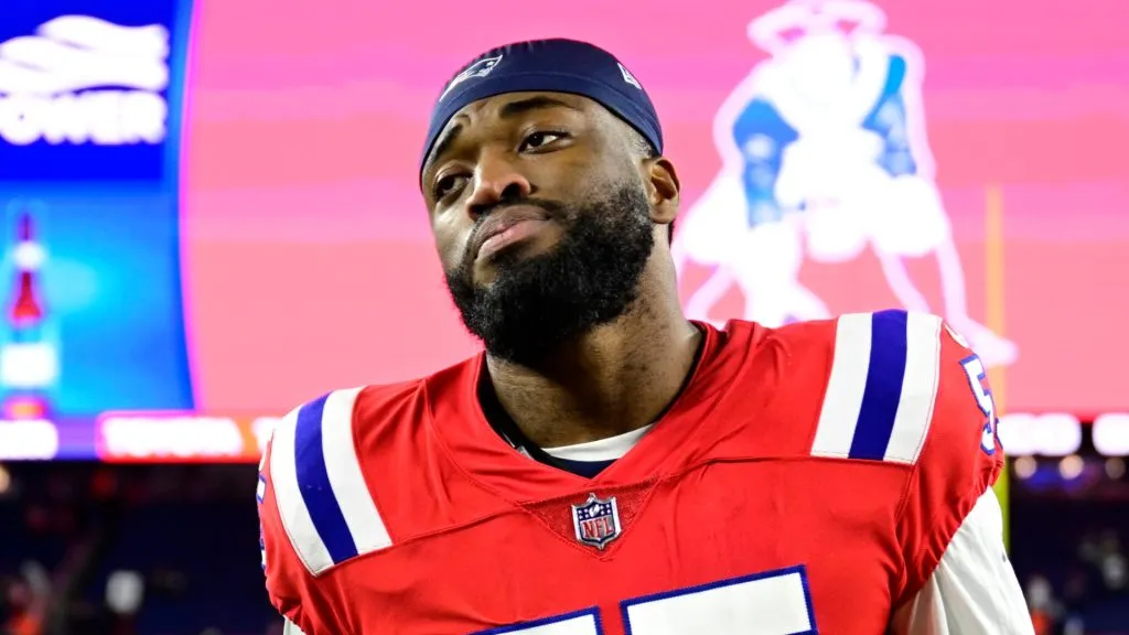Josh Uche #55 of the New England Patriots reacts after a game against the Buffalo Bills at Gillette Stadium on December 01, 2022 in Foxborough, Massachusetts.