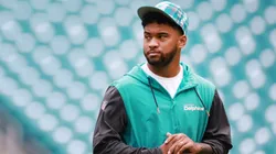 Tua Tagovailoa #1 of the Miami Dolphins warms up prior to facing the Arizona Cardinals at Hard Rock Stadium on October 27, 2024 in Miami Gardens, Florida.