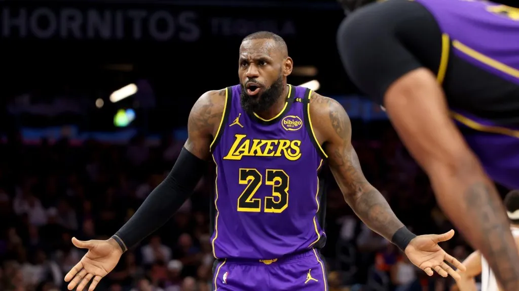 LeBron James #23 of the Los Angeles Lakers reacts during the second half against the Phoenix Suns at Footprint Center on October 28, 2024 in Phoenix, Arizona. (Photo by Christian Petersen/Getty Images)