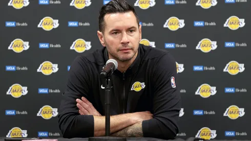 Head coach JJ Redick of the Los Angeles Lakers speaks with media prior to the game against the Phoenix Suns at Acrisure Arena on October 06, 2024 in Palm Springs, California.