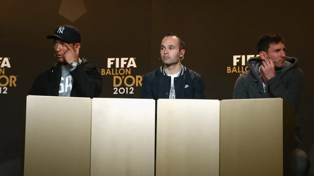 (L-R) Cristiano Ronaldo of Real Madrid, Andres Iniesta of Barcelona and Lionel Messi of Barcelona attend the Press Conference with nominees for World Player of the Year and World Coach of the Year for Men's Football on January 7, 2013 at Congress House in Zurich, Switzerland.