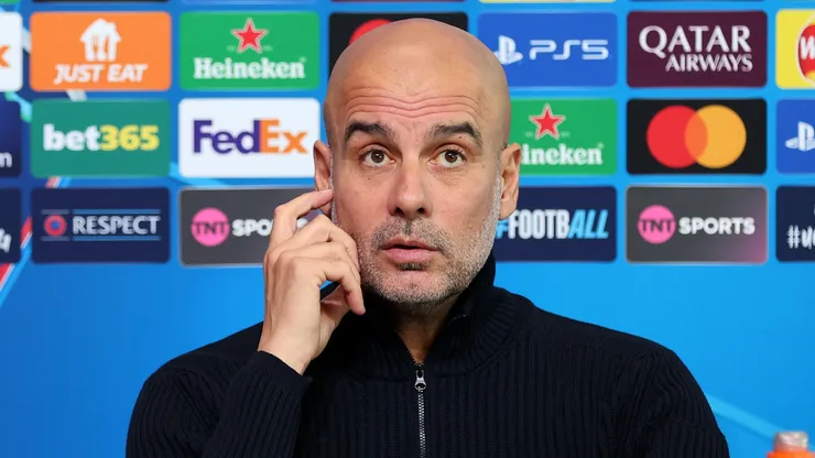 Manchester City manager Pep Guardiola speaks to the media during the UEFA Champions League 2024/25 League Phase MD3 training and press conference at Manchester City Football Academy on October 22, 2024 in Manchester, England.