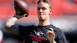 Carson Beck #15 of the Georgia Bulldogs warms up prior to the game against the Mississippi State Bulldogs at Sanford Stadium on October 12, 2024 in Athens, Georgia.