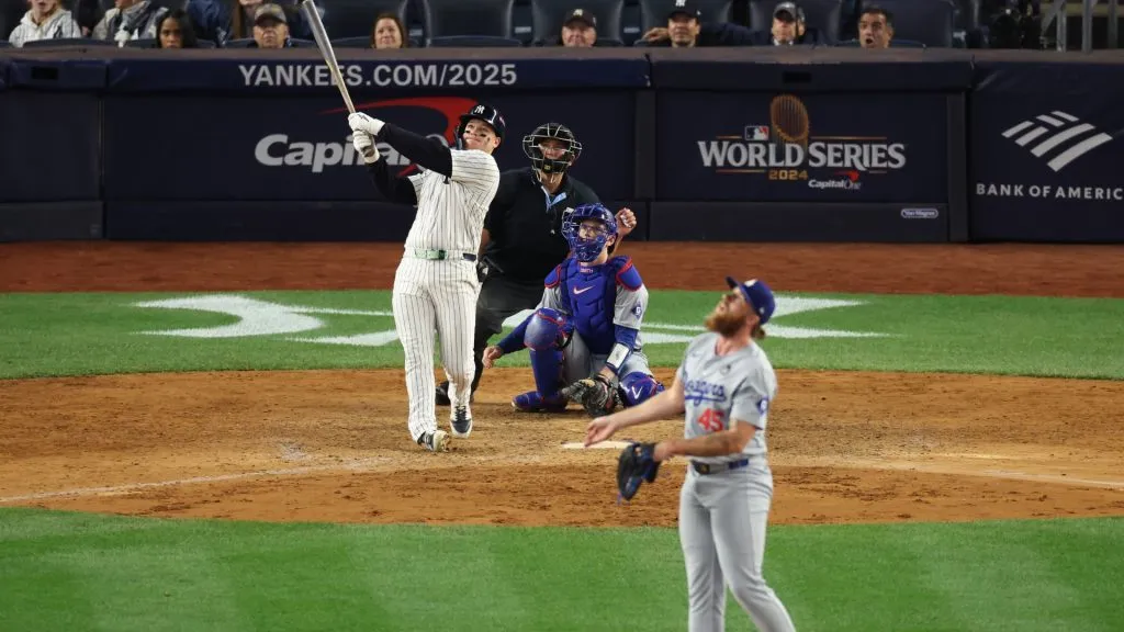 Alex Verdugo #24 of the New York Yankees hits a two-run home run in the ninth inning against the Los Angeles Dodgers during Game Three of the 2024 World Series at Yankee Stadium on October 28, 2024 in the Bronx borough of New York City. (Photo by Luke Hales/Getty Images)