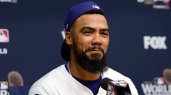 Teoscar Hernandez #37 of the Los Angeles Dodgers speaks to the media during a press conference after Game Two of the 2024 World Series between the Los Angeles Dodgers and the New York Yankees at Dodger Stadium on October 26, 2024 in Los Angeles, California.