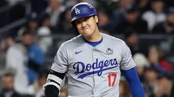 Shohei Ohtani #17 of the Los Angeles Dodgers reacts while at bat against the New York Yankees in the fourth inning during Game Three of the 2024 World Series at Yankee Stadium on October 28, 2024 in the Bronx borough of New York City.