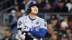 Shohei Ohtani #17 of the Los Angeles Dodgers reacts while at bat against the New York Yankees in the fourth inning during Game Three of the 2024 World Series at Yankee Stadium on October 28, 2024 in the Bronx borough of New York City.
