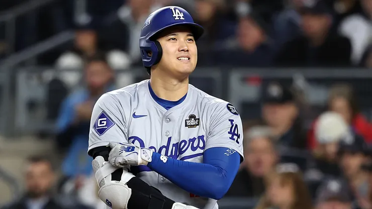 Shohei Ohtani #17 of the Los Angeles Dodgers reacts while at bat against the New York Yankees in the fourth inning during Game Three of the 2024 World Series at Yankee Stadium on October 28, 2024 in the Bronx borough of New York City.