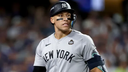 Aaron Judge #99 of the New York Yankees reacts after striking out against the Los Angeles Dodgers in the ninth inning during Game Two of the 2024 World Series at Dodger Stadium on October 26, 2024 in Los Angeles, California.