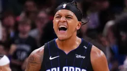 Paolo Banchero #5 of the Orlando Magic reacts after scoring against the Indiana Pacers during the fourth quarter at Kia Center on October 28, 2024 in Orlando, Florida.