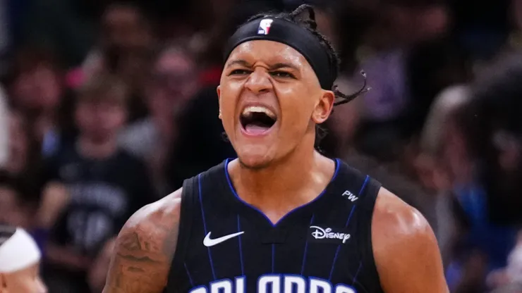 Paolo Banchero #5 of the Orlando Magic reacts after scoring against the Indiana Pacers during the fourth quarter at Kia Center on October 28, 2024 in Orlando, Florida.