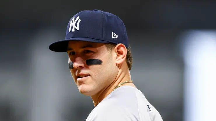 Anthony Rizzo #48 of the New York Yankees looks on while playing in the first inning against the Cleveland Guardians during Game Four of the American League Championship Series at Progressive Field on October 18, 2024 in Cleveland, Ohio.