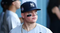Alex Verdugo #24 of the New York Yankees walks through the dugout before Game One of the 2024 World Series against the Los Angeles Dodgers at Dodger Stadium on October 25, 2024 in Los Angeles, California.