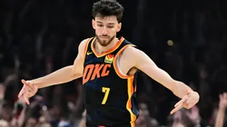 Chet Holmgren #7 of the Oklahoma City Thunder celebrates a three-point basket against the Dallas Mavericks