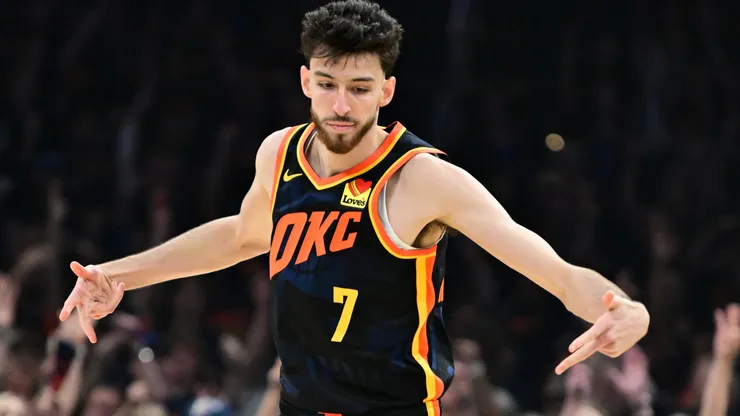 Chet Holmgren #7 of the Oklahoma City Thunder celebrates a three-point basket against the Dallas Mavericks