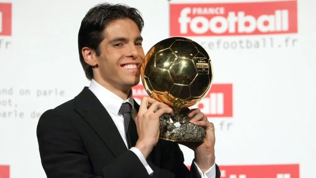AC Milan star Ricardo Kaka lifting the Ballon d'Or in the 2007 ceremony celebrated by France Football magazine.