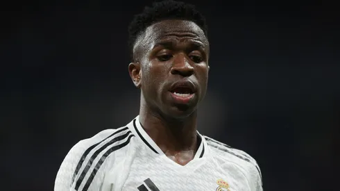 Vinicius Junior of Real Madrid CF reacts during the LaLiga match between Real Madrid CF and Deportivo Alaves at Estadio Santiago Bernabeu on September 24, 2024 in Madrid, Spain.