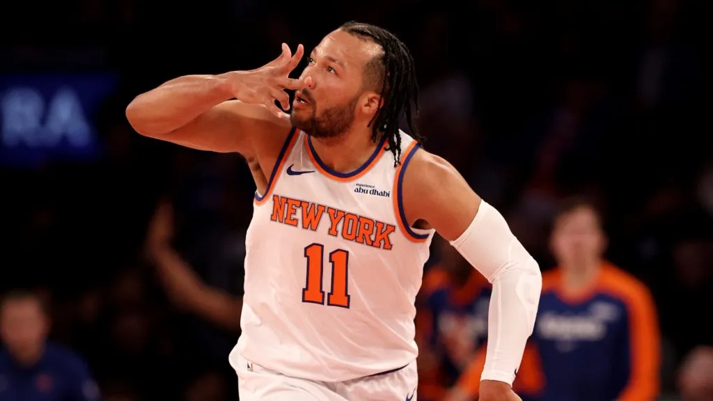 Jalen Brunson #11 of the New York Knicks reacts after a three point shot in the first quarter against the Indiana Pacers at Madison Square Garden. Elsa/Getty Images