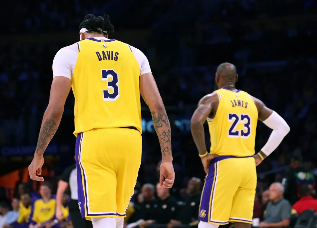 Anthony Davis #3 and LeBron James #23 of the Los Angeles Lakers during a 110-103 Lakers win over the Minnesota Timberwolves. Harry How/Getty Images