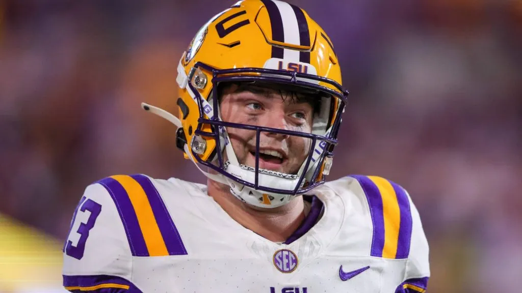 LSU quarterback Garrett Nussmeier (13) celebrates after a touchdown during NCAA football game action between the South Alabama Jaguars and the LSU Tigers at Tiger Stadium in Baton Rouge, LA.