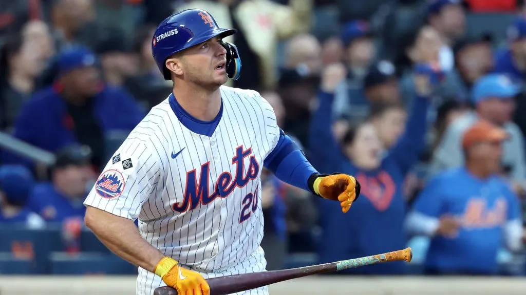 Pete Alonso #20 of the New York Mets watches after hitting a three-run home run in the first inning against the Los Angeles Dodgers during Game Five of the National League Championship Series at Citi Field on October 18, 2024 in New York City. (Photo by Al Bello/Getty Images)