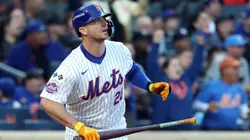 Pete Alonso #20 of the New York Mets watches after hitting a three-run home run in the first inning against the Los Angeles Dodgers during Game Five of the National League Championship Series at Citi Field on October 18, 2024 in New York City. (Photo by Al Bello/Getty Images)