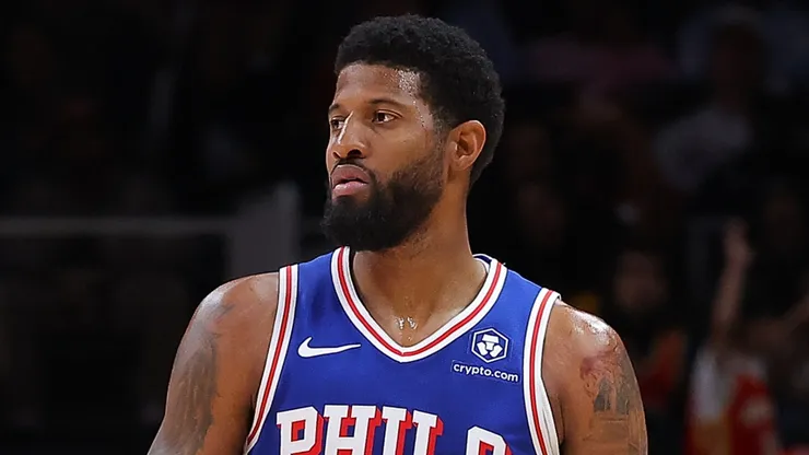 Paul George #8 of the Philadelphia 76ers during an NBA game.